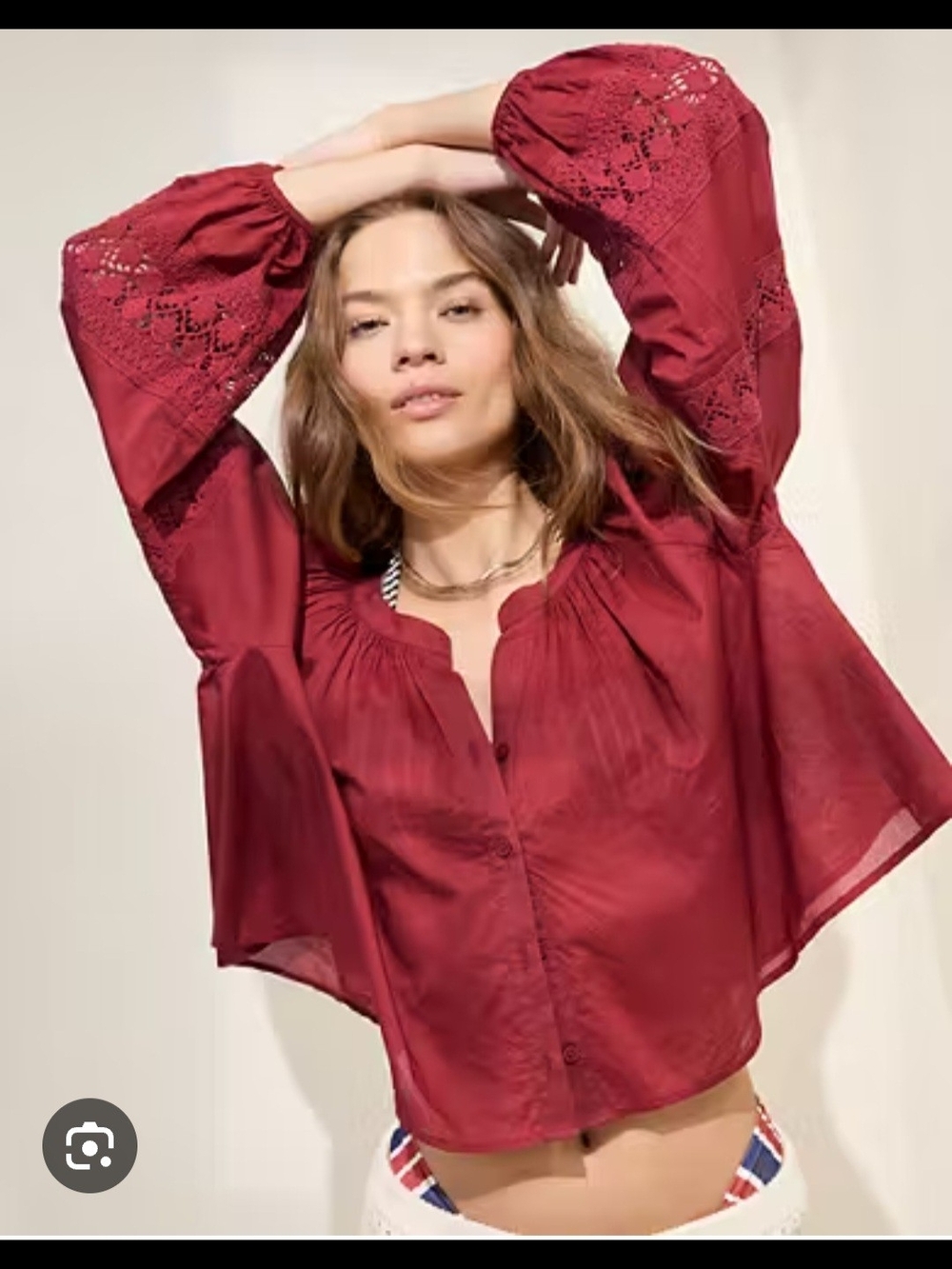 Aerie Chill Up Long Sleeve Cropped Boho Peasant Top - Red Sz XS